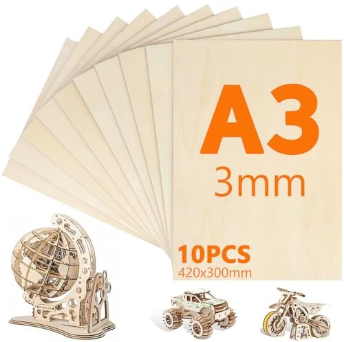 10 Stück A3 Sperrholz, 420mm x 300mm Sperrholzplatte, Sperrholzplatte 3mm, Holzplatten zum Basteln, Geeignet für Schnitzen, Modellbau, Laserschneiden, Brandmalerei, Dekorieren, Gemälde