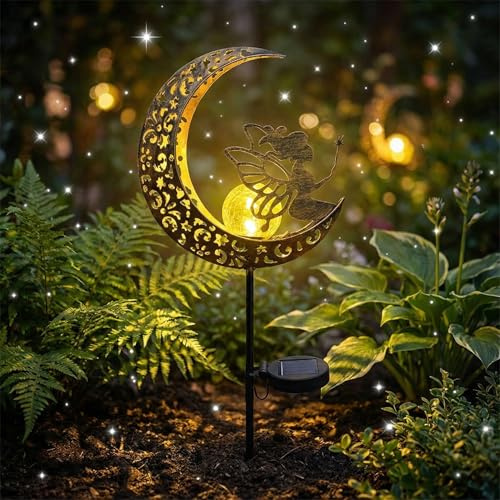 Mond Solarleuchten Gartendeko Terassendeko, Solarlampe für Außen, Metall Mond Solar LED, Wetterfest Solarleuchte Garten Deko mit Erdspieß Glaskugel, Gilt für Terrasse Balkon Pfahlpfad Rasen Hof