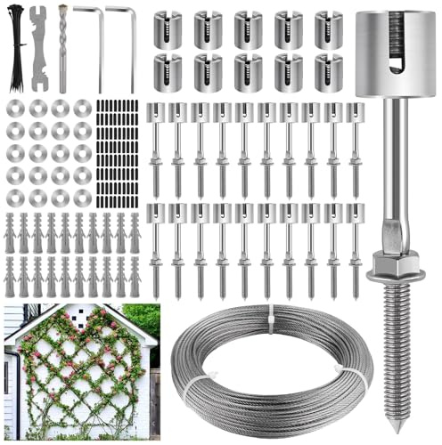 Enrejado de alambre de jardín de 150 pies para plantas trepadoras, enrejado | T316 - Kit de enrejado de alambre de acero inoxidable para montaje en pared, sistema de cuerdas de alambre para plantas al