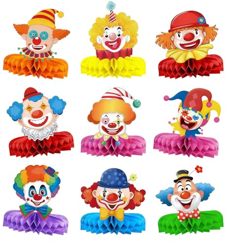 Décoration de Carnaval de Clown,Lot de 9 Centre de Table 3D Nid d'abeille Clown,Décoration de Carnaval en Papier Alvéolaire,Boules Alvéolaires,pour Cirque,Centre de Table(Clown-A)