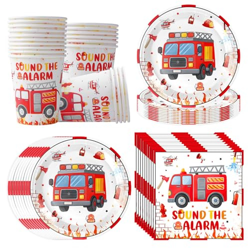 Camion de Pompiers Vaisselle de Fête pour 20 Invités, 60 Pièces Service de Table pour Fête D'anniversaire, Comprend Vaisselle, Serviettes en Papier et Gobelets en Papier, Anniversaire Pompier