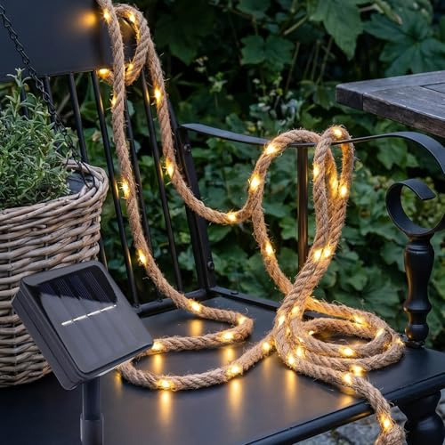 ENLACE Solar Lichterkette Seil, 5M 100 LED Solar Hanfseil Lichterkette, 8 Modi, Solarbetrieben, Wasserdicht Naturseil Lichterketten für Camping Aussen Weihnachtsdeko Hochzeit Party Deko