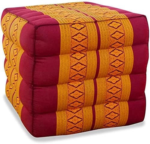 livasia Würfelkissen quadratisch - 40x40x40cm - Sitzhocker mit organischem Kapok, Sitzpouf, Lagerungswürfel viereckig, Bodenkissen Hocker Fußbank Fußhocker handgefertigt (Rot/Gelb)