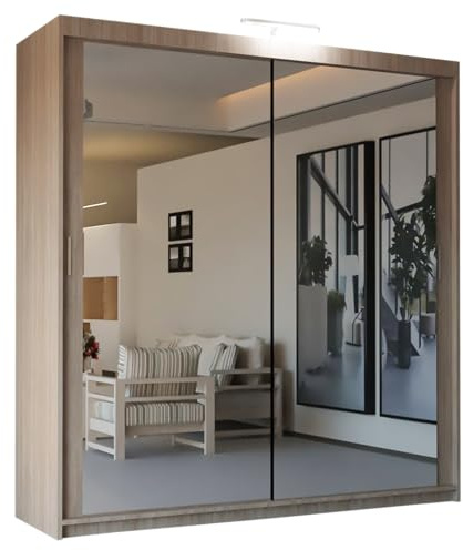 SLIDING WARDROBE 4U Mirror Sliding 2 or 3 Door Wardrobe with LED Light 90cm/120cm/150cm/180cm/203cm/250cm White-Black-Grey-Walnut-Wenge-Oak (Oak, 120cm)