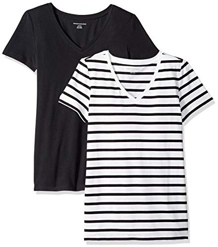 Amazon Essentials Women's Regular-Fit Short-Sleeve V-Neck T-Shirt, Pack of 2, Black (White Mariner Stripe/Black), L