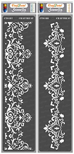 CrafTreat Border Stencils for Painting on Wood, Canvas, Paper, Fabric, Floor, Wall and Tile - Border1 and Border2-2 Pieces - 3 x 12 Inches Each - Reusable DIY Art and Craft Stencils - Lace Stencils