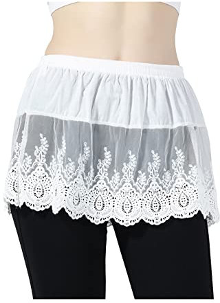 BEAUTELICATE Lace Shirt Extender Hem Exquisite Adjustable Layered Fake Top Lower Sweep Cotton Half Slip Short Petticoat Floral Trim Mini Skirt for Women Style One Ivory, L