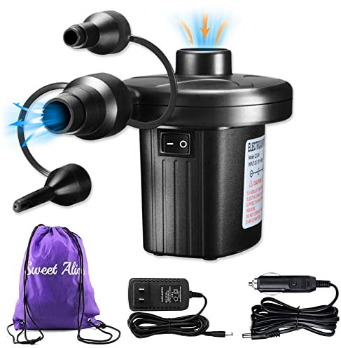 Bomba de aire eléctrica, 110 V CA y 12 CC, portátil para colchón inflable, inflador universal dos vías, piscina hinchable, colchoneta etc., con 3 boquillas 1 bolsa almacenaje