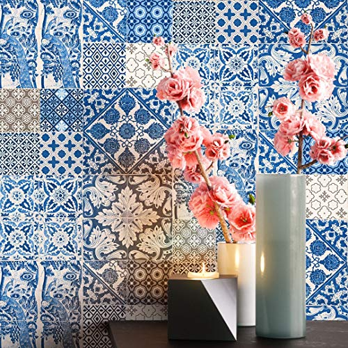 NEWROOM Tapete grafisch blau Fliesen Ornament Vintage Vliestapete creme Vlies Tapete Fliesenoptik Fliesenmuster Klassik inkl. Tapezier Ratgeber ǀ Grafik