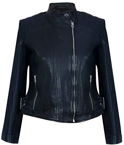 Ladies Womens Black Real Leather Fitted Vintage Biker Style Zip Fashion Jacket 4XL