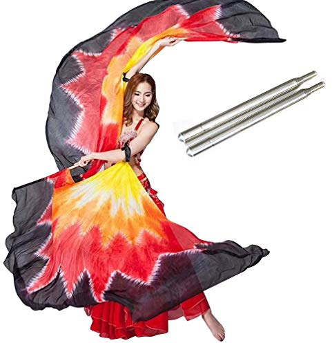 KIKIGOAL Bauchtanz ISIS Flügel Schal Schleier Fan mit Teleskopstab für Halloween Karneval Performance 1,4 x 2,7 cm aus 100% Seide, Gradual Red, 1.4x2.7cm/55x106