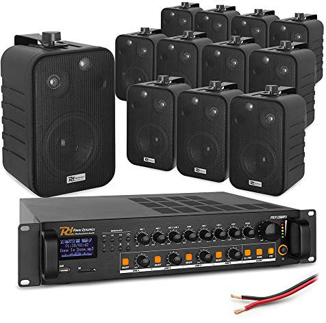 Power Dynamics 4-Zone Wall Mount Speaker System with PD BV40V Black 4 Speakers & Bluetooth Mixer Amplifier - 12 Speaker Background Music System for Shop Cafe Restaurant Bar 100V PA Installation