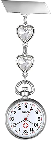 Avaner Krankenschwesteruhr Pflegeruhr Herz Design FOB Analog Quarzwerk Pulsuhr Ansteckuhr Unisex Silver Schwesternuhren mit Pin/Clip Set Ausziehbar Arzt Doktor Medical Taschenuhr
