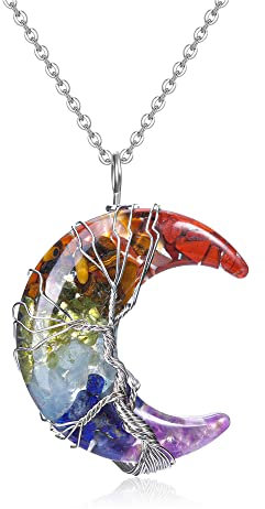 JSDDE 7 Chakra Healing Crystal Necklace Life Tree Wire Wrapped Crescent Moon Gemstone Pendant Resin Crystal Stone Necklace for Women Gift