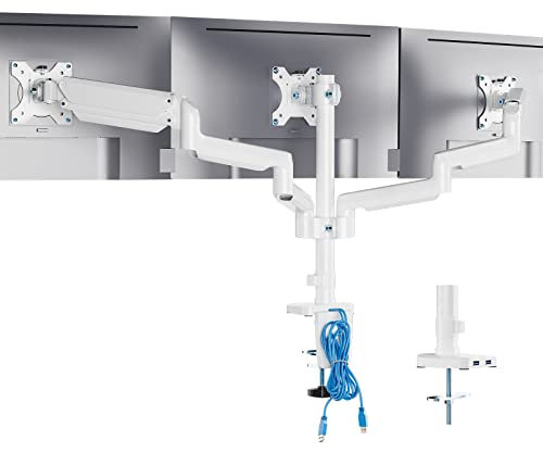WALI Triple Monitor Mount, 3 Monitor Stand Desk Mount with Premium Gas Spring Arm for Screens up to 27 inch, VESA 75x75 or 100x100 mm (GSDM003W-U), White