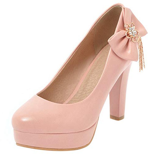 Décolleté Donna, Scarpe Tacco a Blocco Eleganti Scarpe da Festa Tacco Alto Punta Rotonda con Plateau Bowknot Rosa Numero 44 EU