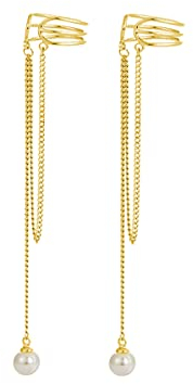 SLUYNZ Boucles d'oreilles Manchette sans Percées en Argent Sterling 925 pour Femme Adolescente Boucles d'oreilles Enveloppantes Perle Gland Clip sur L'oreille (B-Gold Plated)