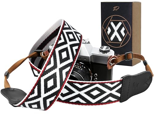 Padwa Lifestyle Sangle Appareil Photo - Extrémités en Cuir de Vachette Ddouble Couche,Sangle D'appareil Photo en Coton Brodé de 2,Bandoulière Photographe Réglable Pour Tous Les Appareils Photo DSLR