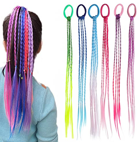 6 Stücke Bunte Haarsträhnen Kinder Haarverlängerungen Geflochtenes Haargummiband Farbverlauf Mädchen Haarteil Band mit elastischem Seilband Bunte Haare mit Elastischem Seilband