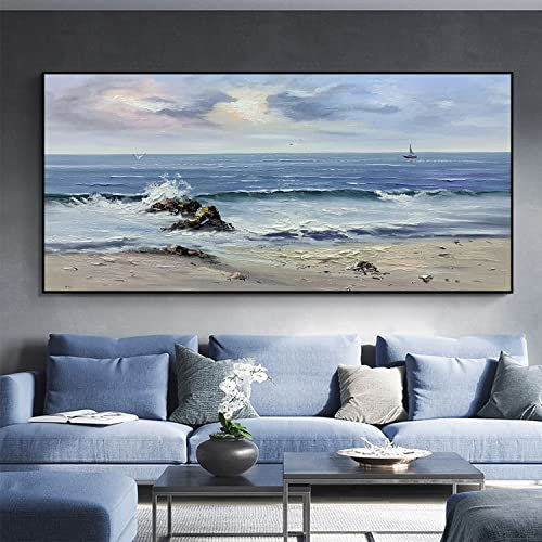 Pittura A Olio Dipinta A Mano Su Tela,Originale Dipinto A Mano Dipinto Ad Olio Spiaggia Onde Natura Paesaggio Wall Art Frameless Orizzontale Texture Opera D'Arte Pittura Murale Per Soggiorno Camera