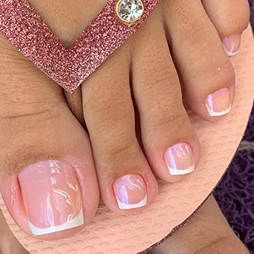 Ceboic Faux Ongles pour Orteil D'été Rose Blanc French Faux Ongles D'Orteil Pleine Couverture Ongles Conseils Pied Ongles avec Exquis Dessin pour Femmes et Filles Nail Art Décorations