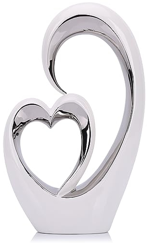 LCCCK Weiß und Silber Herz Statue Skulptur - Keramik-Herzdekoration für Wohnzimmer, Regal und Schreibtisch - Kleine Geschenke zur Hochzeit, Hochzeitstag Geschenk für Frau - Herz Deko für Liebeshütte