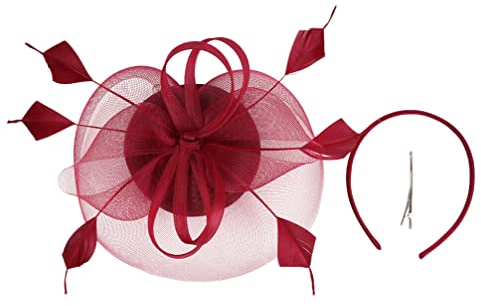 FRCOLOR Hochzeitshut Roter Fascinator Für Damen Tea-Party-Derby-Hüte Hochzeit Blumen-Mesh-Federn Kopfbedeckung Kirchenhüte Für Damen – Dunkelrot Fascinator-Stirnband