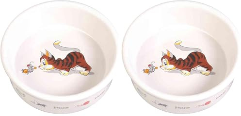 Trixie Ceramic Cat Bowl with Motif, 0.2 Litre, White (Pack of 2)