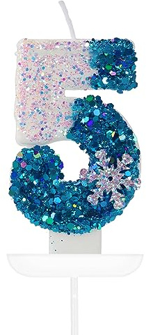 Yiran 3D Blue White Frozen mit Schneeflocke Geburtstagskerzen, Tortendeko Geburtstag, Kuchendeko Geburtstag - Birthday Candles mit Nummer 5