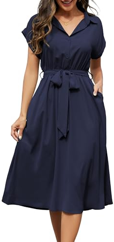 Cassiecy Sommerkleid Damen Knielang Kurzarm Blusenkleid Elegant V-Ausschnitt Midikleid Casual Wickelkleid Strandkleid mit Taschen（M,Marineblau）