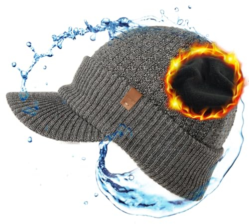 TOP-EX 50% Merinowolle Wintermütze Herren Damen – wasserdichte Winddichte Strickmütze mit Schirm, warm gefütterte Fleece Beanie, gestrickte Wollmütze für Outdoor, Laufen oder Wintersport, Grau M/L