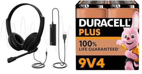 USB Headset with Microphone for PC Laptop, Adjustable Noise Cancelling Business Office Headsets & Duracell Plus 9V Batteries (4 Pack) - Alkaline - 100% Life Guarenteed