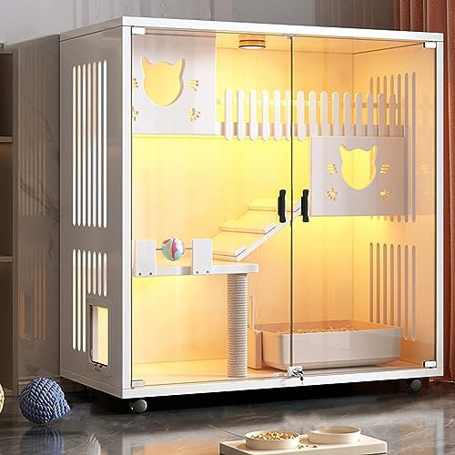 YIHANSS Outdoor Cat Enclosures, Large Space Cat Cage with Scratching Post and Lockable Wheels Double Layer Cat House with Escape Door Outdoor/Indoor (Color : Pink, Size : 90 * 60 * 150cm)