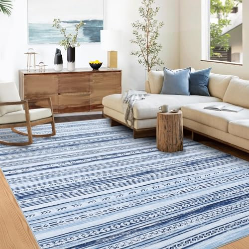 CAROMIO Wohnzimmerteppich, Weich Waschinenwaschbar Marokkanische Boho Bauernhausteppiche für Schlafzimmer rutschfest Neutral Morden Innenbodenteppich für Zuhause Büro Blau 140 x 200 cm