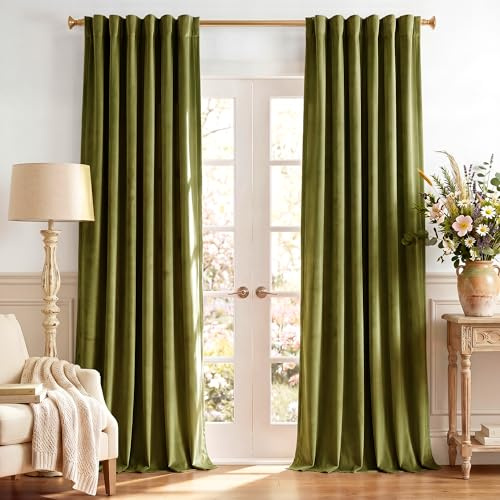 StangH Green Velvet Curtains 108 inches Long - Luxury Olive Green Thermal Insulated Room Darkening Window Drapes Back Tab Privacy Panels for Living Dining Room, W52 x L108, 2 Panels