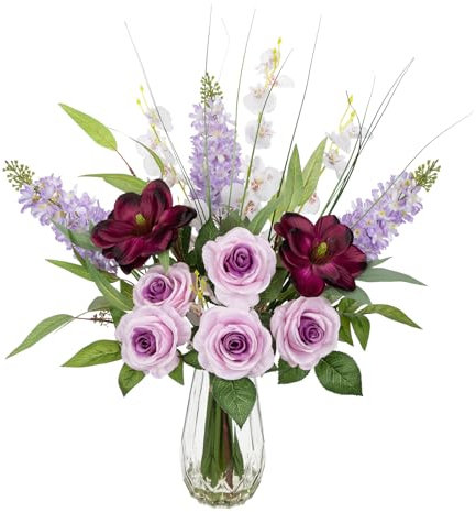 Arborus Artificial Flowers in Glass Vase with Faux Water 23.6 Purple Artificial Flowers Large Artificial Flowers Arrangement Rose Fake Hyacinth Flowers for Table Centrepiece Spring Home Decor