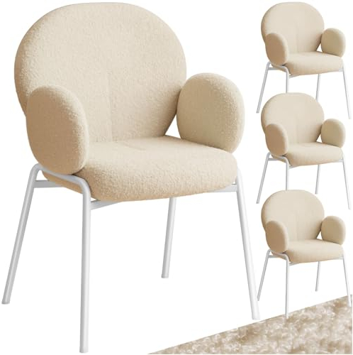 tectake® 4er Set Esszimmer Stuhl mit Armlehne, modernes Küchenmöbel mit Bouclé Teddystoff Bezug, Esszimmerstühle Wohnzimmer Sessel, Dining Chair, Küchenstühle für Esstisch (Creme)