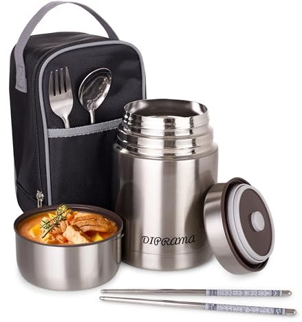DIPRAMA - Termo Comida Caliente 800 ml., Fiambrera Termica, Termo Comida con Cuchara Tenedor y Bolsa Isotermica, Termo para Comida Caliente