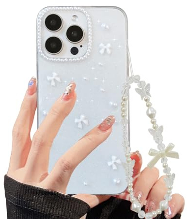 XQAGU Phone Case for iPhone 14 Pro Max Clear Glitter Case with Cute Bow Pearl Aesthetic Girly Phone Case with Phone Charms Chain Bracelet Soft Protective Cover for iPhone 14 Pro Max-White Bow