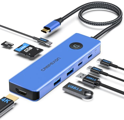 Hub USB C, 8 en 1 Adaptador USB C con 2*USB-A 3.0, 2*USB-C 3.0-Puerto de Datos, 4K HDMI, PD 100W, Tarjetas SD/TF (Azul)