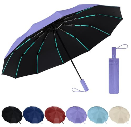 Jokisa Regenschirm Sturmfest - 12 Rahmen Faltender UV Schirm Automatik Auf und Zu, Reise Umbrella mit Verstärken Windfest Stabil Fiberglas Rippenfür Rucksack Auto Koffer (Lila)