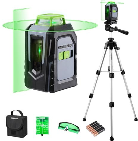 WORKPRO 360° Laserwasserwaage mit Stativ, 30 m Grüner Kreuzlinienlaser, Horizontal/Vertikal/Kreuzlinien-Modus, Auto-Nivellierung, Ideal für Baustellen, Decken-, Fliesen- und Dekorationsarbeiten