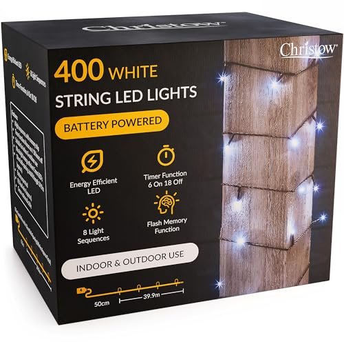 CHRISTOW Christmas Fairy Lights Battery Operated, White LED String Lighting with Timer, Indoor & Outdoor, 8 Light Modes Flashing & Static, Green Cable (400 LED / 40m Lit Length)