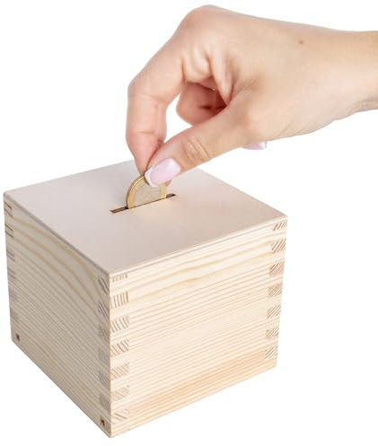 Creative Deco Spardose Holz | Geldbox | 9,5 x 9,5 x 9 cm (+/- 0,5 cm) | Sparbüchse Sparschwein | Rohes Kiefernholz | Perfekt als Sparbox, Decoupage Box | Für Kinder, Erwachsene
