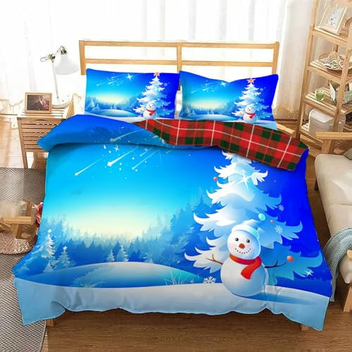 NAWVNMI Blauer Himmel Bettwäsche 140x200cm - Weihnachtsbettwäsche aus Mikrofaser - Weihnachtsbaum - Winter Bettbezug Weihnachten + Kissenbezug 80x80cm