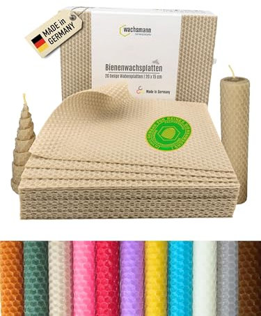 Wachsmann 20 Bienenwachsplatten aus Deutschland, beige, Wachsplatten 20 x 15 cm, Bienenwachs Kerzen selber machen, Kerzenwachs