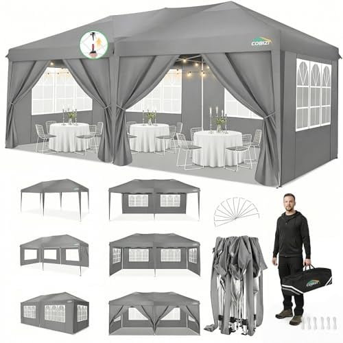 COBIZI Tonnelle Pliable 3 x 6 m - 3 x 6 m - Imperméable et Stable - Anti-UV - avec 6 parois latérales - pour Jardin, fête, Mariage, Pique-Nique, marché - Gris