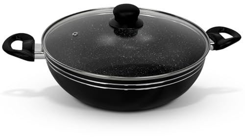 AKH Non Stick Wok with Lid Aluminium Frying Pan 28cm Non Stick Wok Pan Chemical Free Stir-Fry Pan with Soft Touch Handle Ideal for Induction, Gas, All Hobs Flat Bottom Multi Purpose Sauté Pan (28CM)