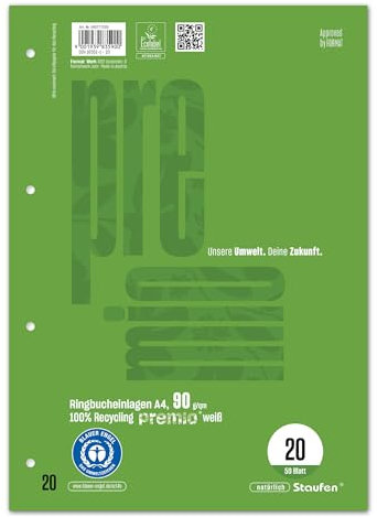 Staufen premio Ringbucheinlagen - 5 Blöcke je 50 Blatt, DIN A4, Lineatur 20 (blanko), 4-fach Lochung, 90 g/m² Recyclingpapier