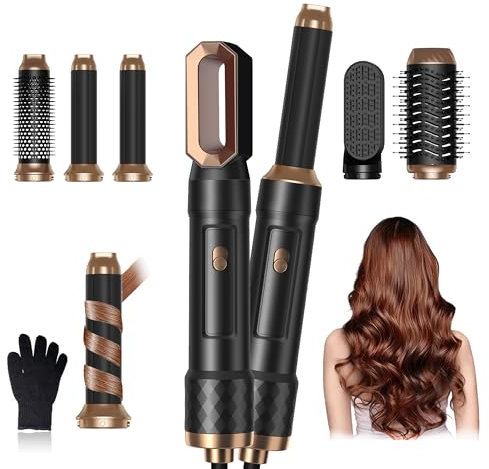 Airbrush Air Styler Set with Auto Curling Wands, 6 in 1 Hair Dryer Brush with Curl Straighten Volumise, Smooth, Styling Tools Hair Styler Brushes for Styling Hair Curler Hairbrushes,Black